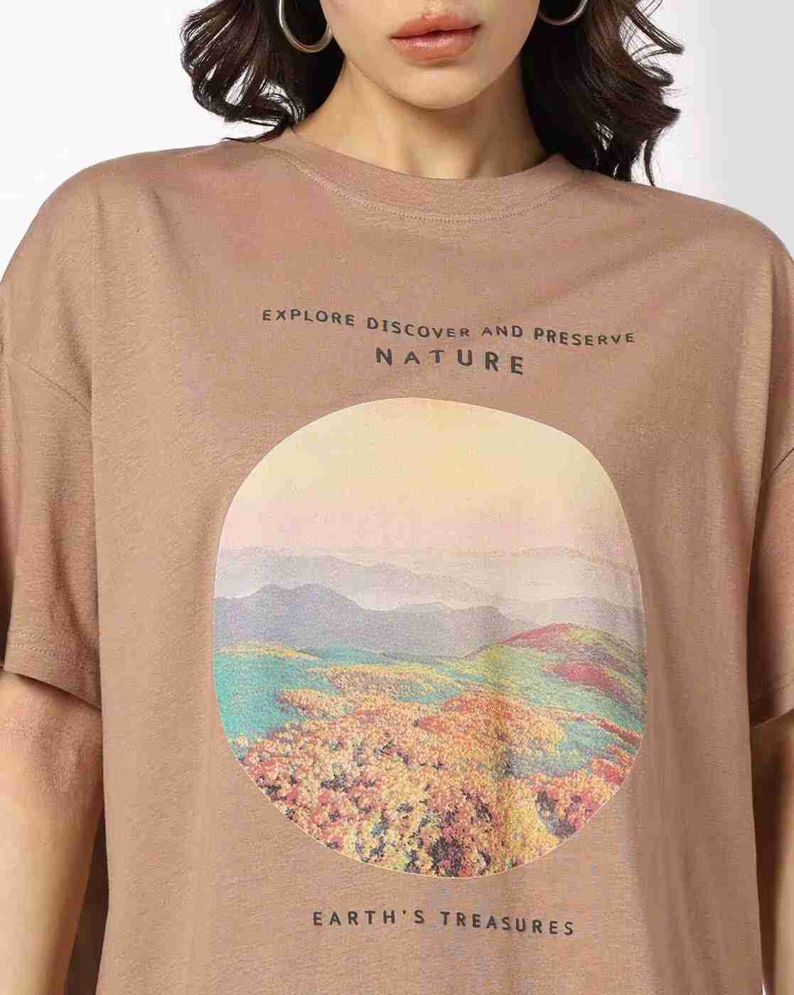 DNMX | Women Nature Print Oversized Crew-Neck T-Shirt|3