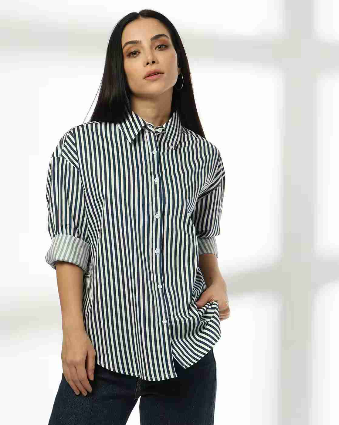 DNMX | Women Striped Relaxed Fit Cotton Shirt|0