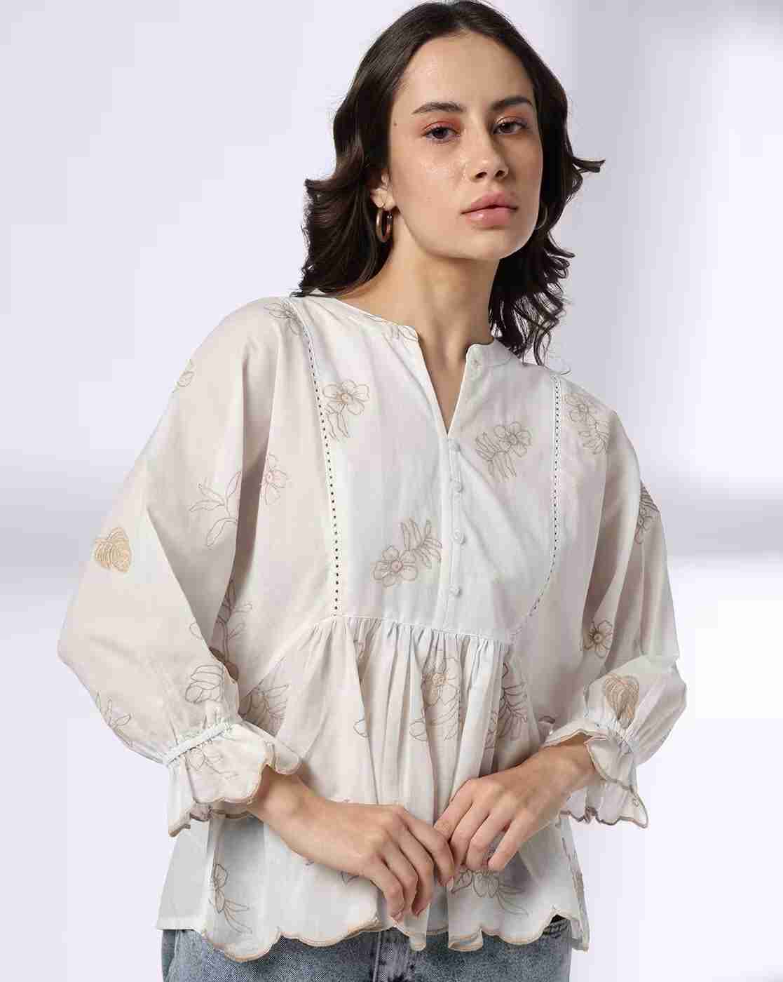 DNMX | Women Embroidered Regular Fit Cotton Peplum Top|0