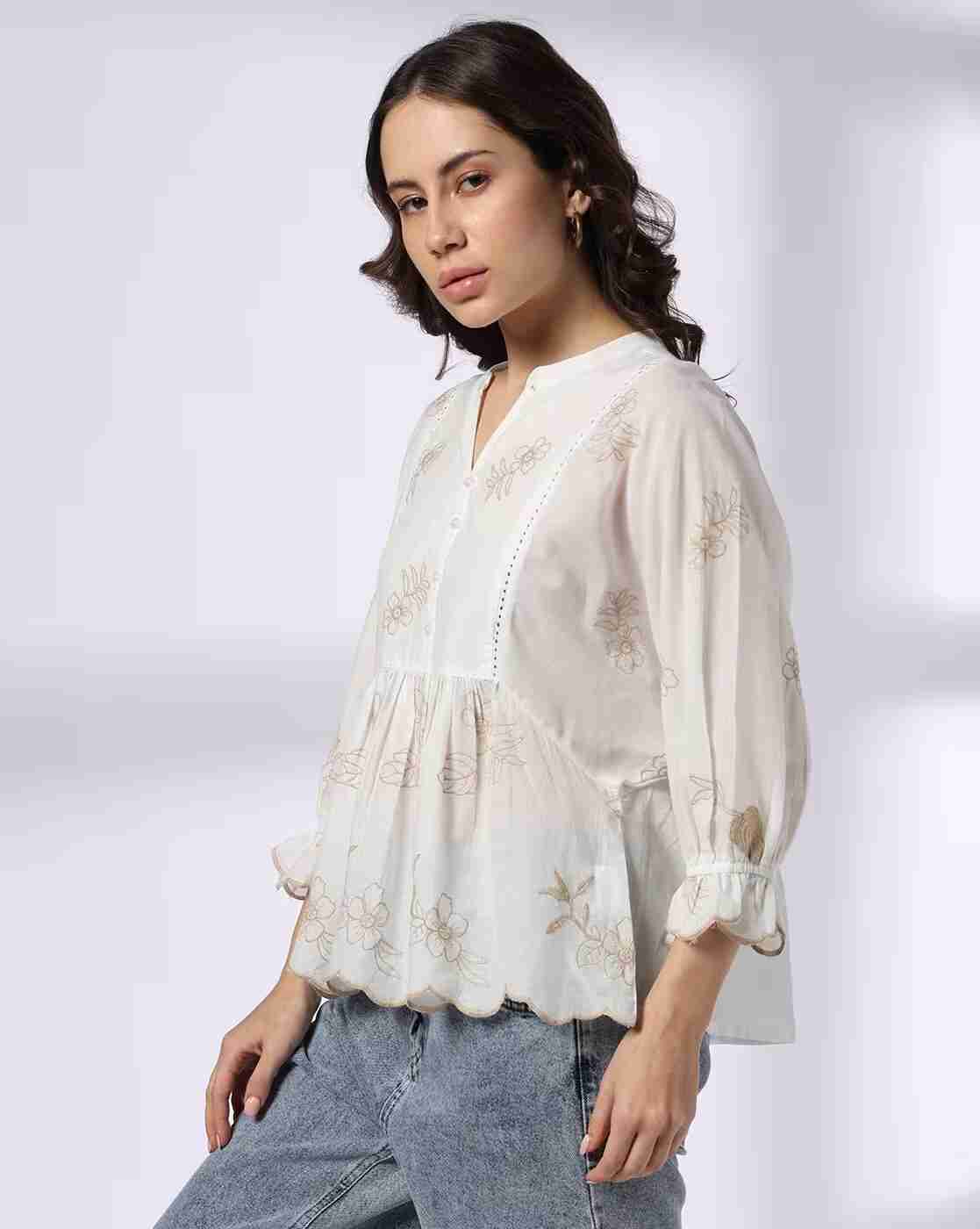 DNMX | Women Embroidered Regular Fit Cotton Peplum Top|1