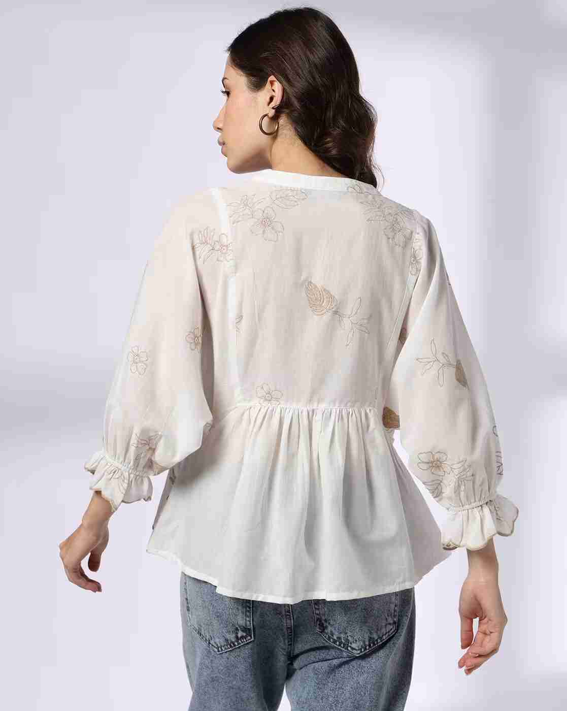 DNMX | Women Embroidered Regular Fit Cotton Peplum Top|2