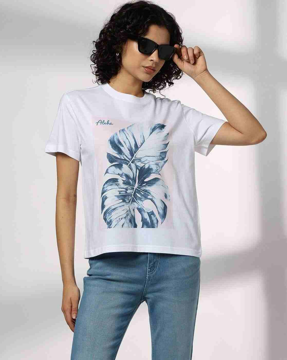 DNMX | Women Leaf Print Boxy Fit Cotton Crew-Neck T-Shirt|0