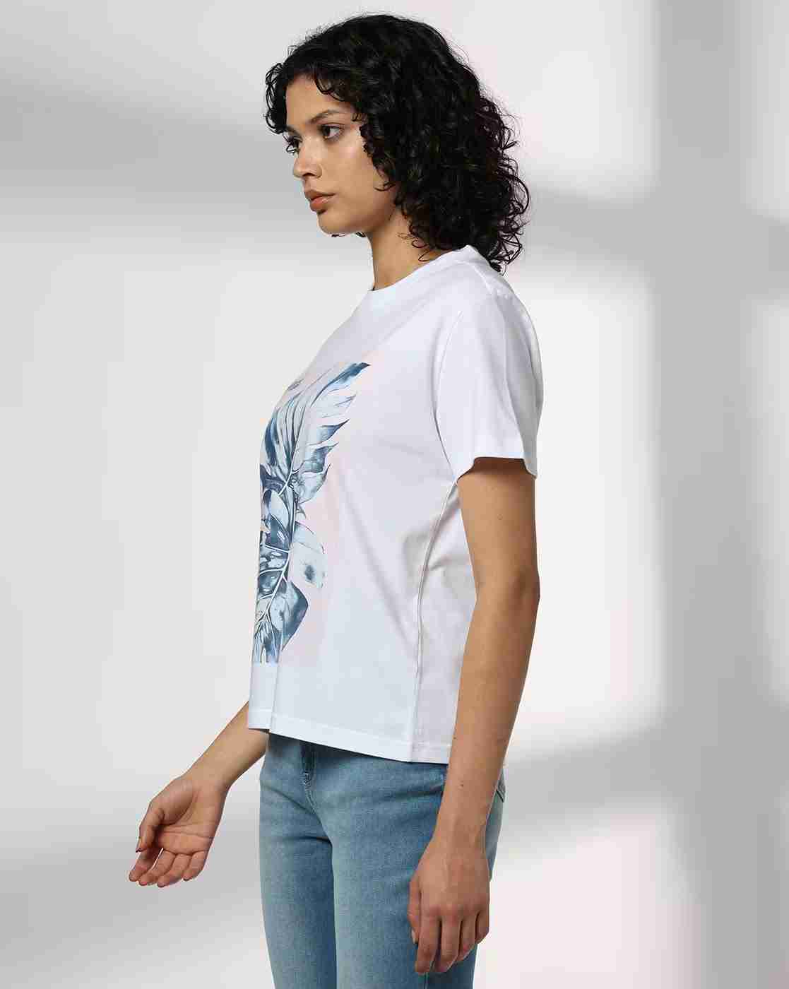 DNMX | Women Leaf Print Boxy Fit Cotton Crew-Neck T-Shirt|1