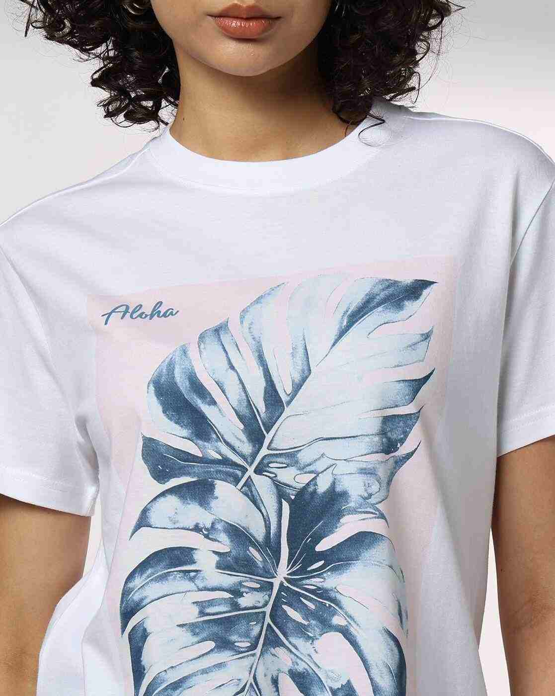DNMX | Women Leaf Print Boxy Fit Cotton Crew-Neck T-Shirt|3