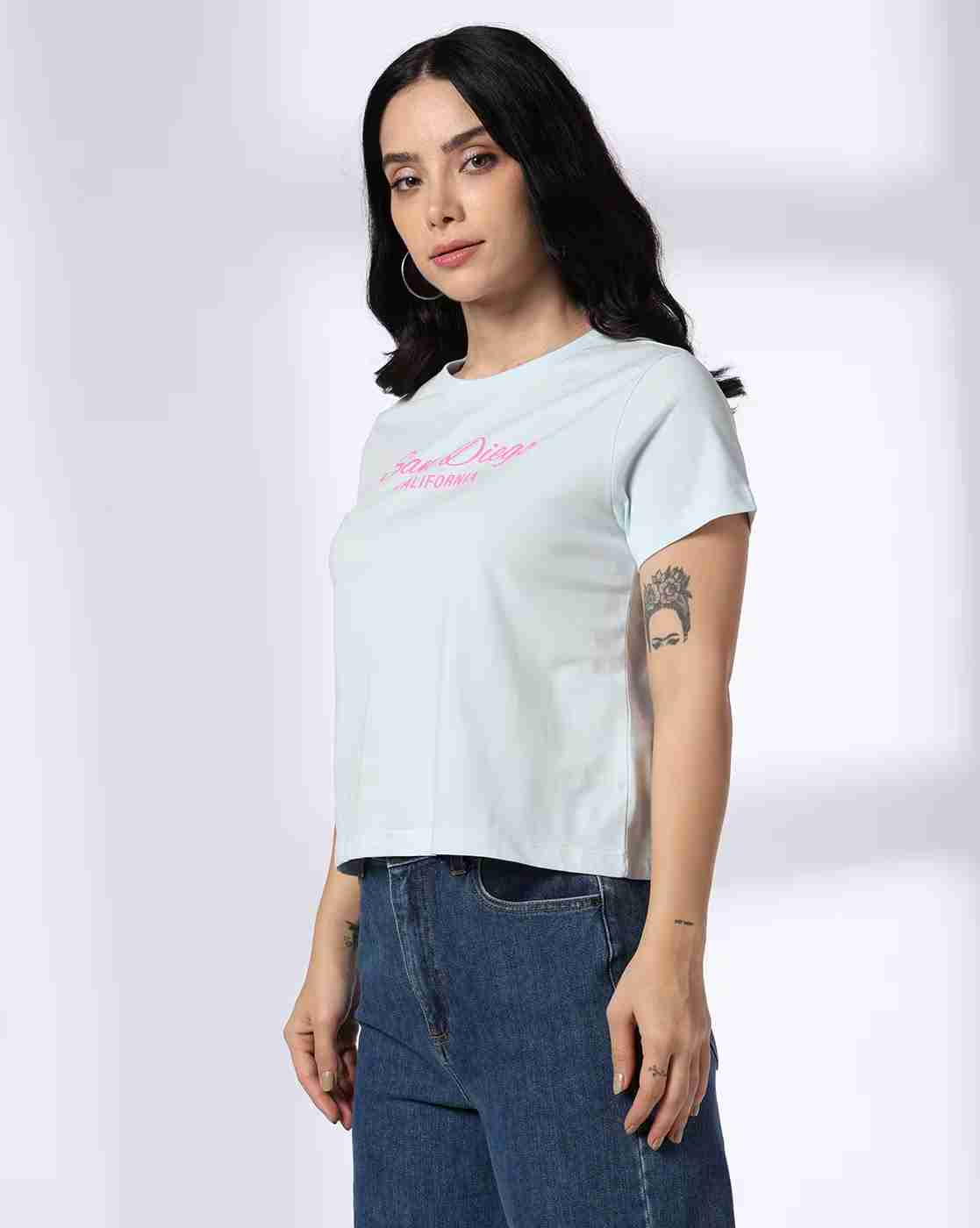 DNMX | Women Typographic Print Regular Fit Cotton Crew-Neck T-Shirt|1