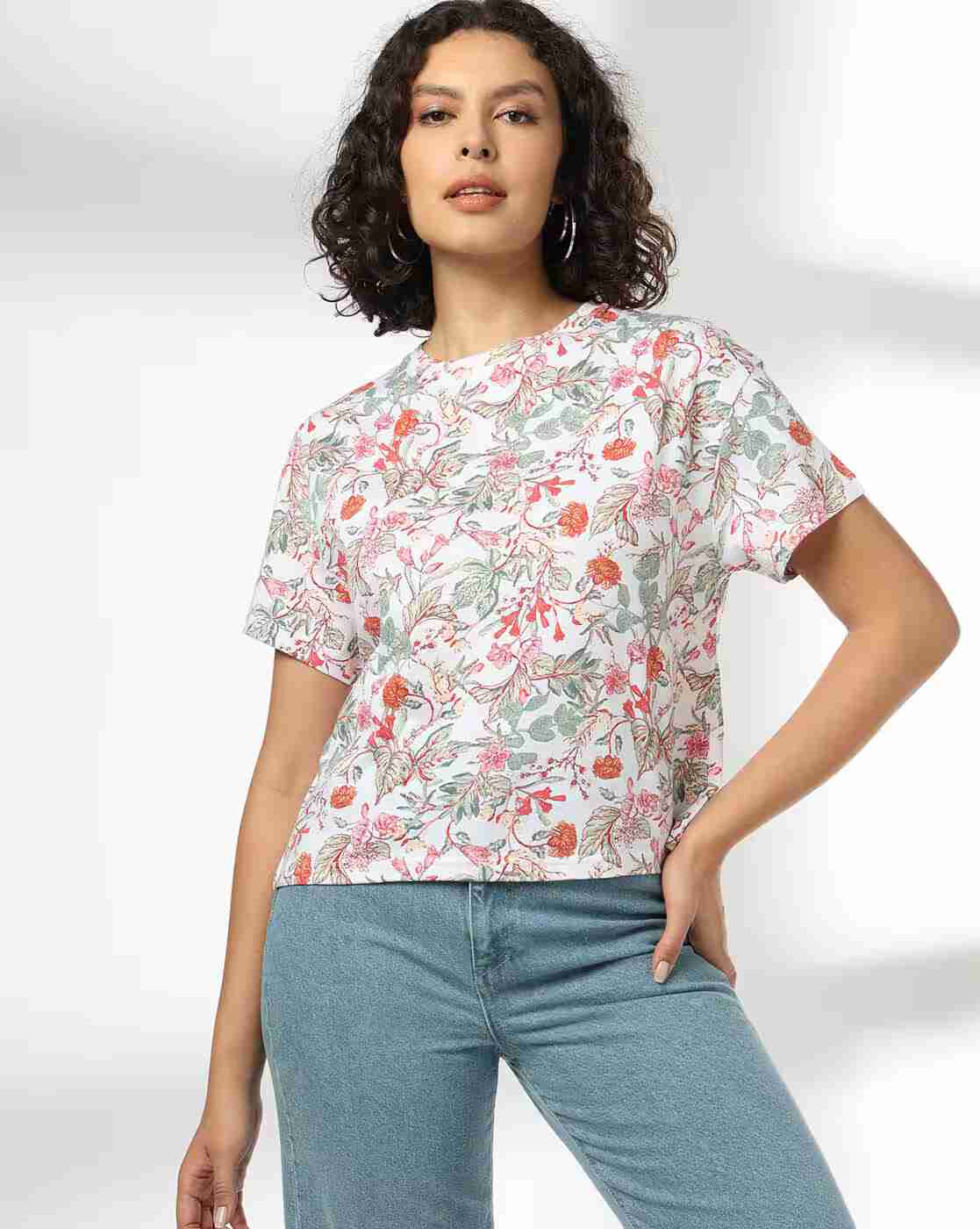 DNMX | Women Floral Print Regular Fit Crew-Neck T-Shirt|0