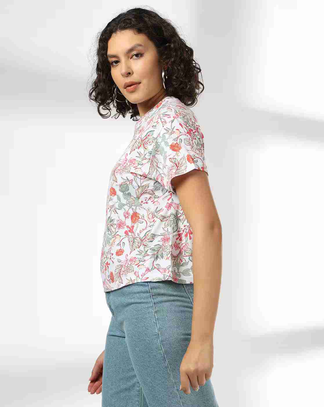 DNMX | Women Floral Print Regular Fit Crew-Neck T-Shirt|1