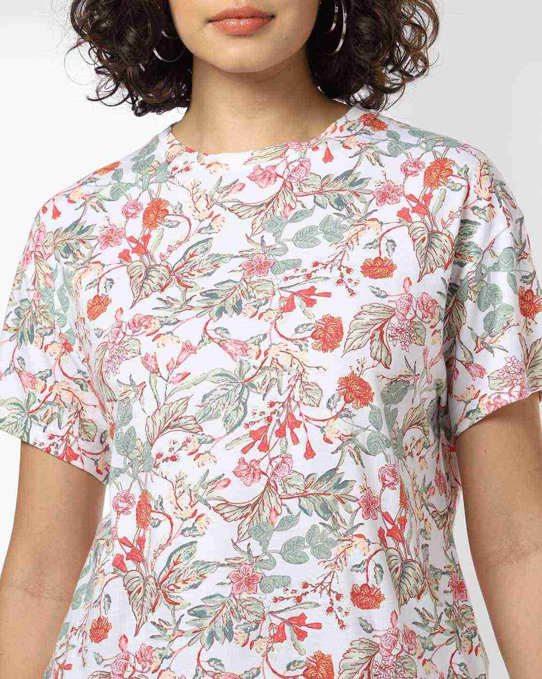 DNMX | Women Floral Print Regular Fit Crew-Neck T-Shirt|3