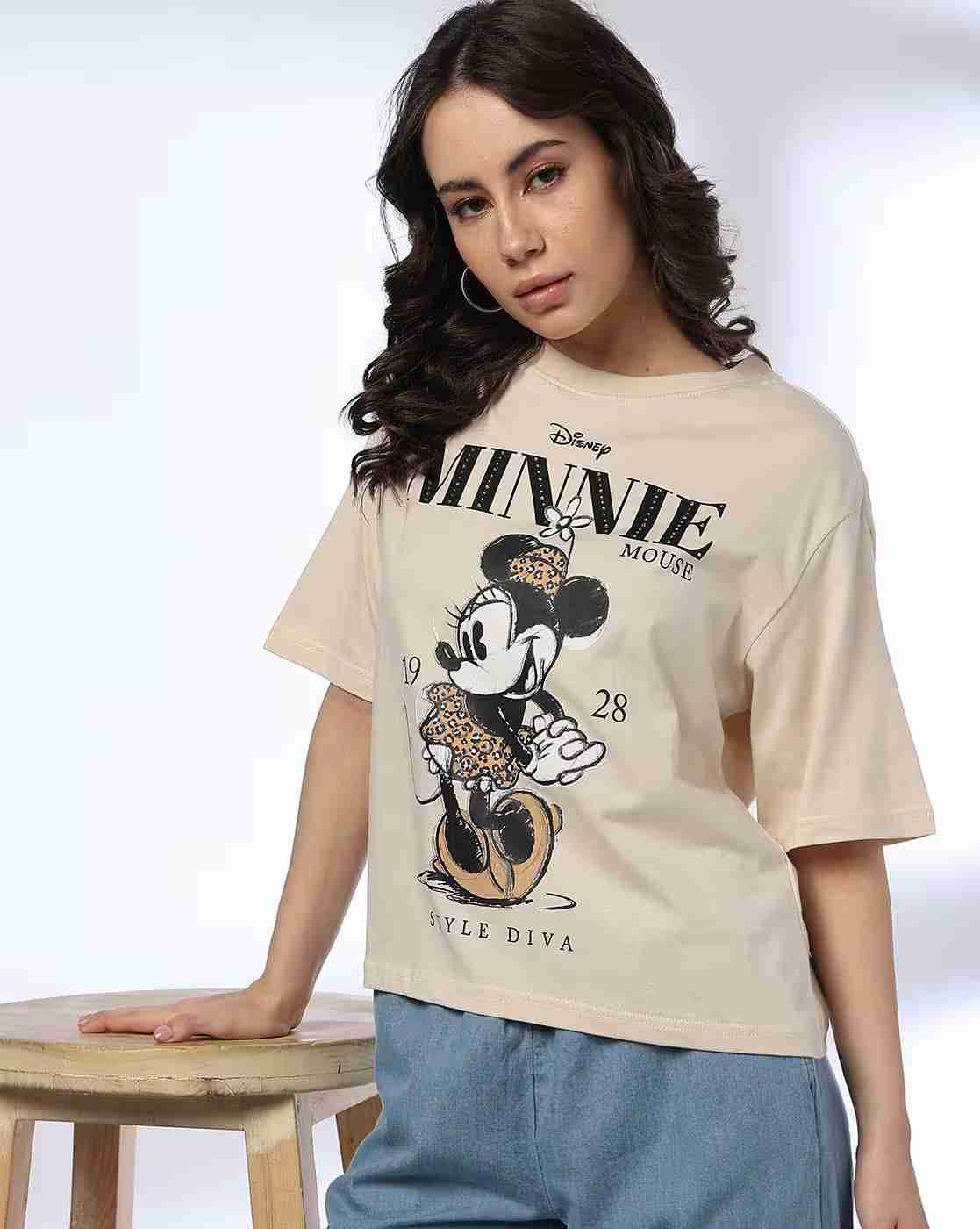 DNMX | Women Minnie Mouse Print Boxy Fit Crew-Neck T-Shirt|0