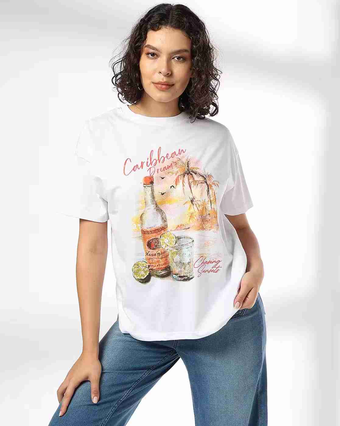 DNMX | Women Caribbean Print Oversized Crew-Neck T-Shirt|0