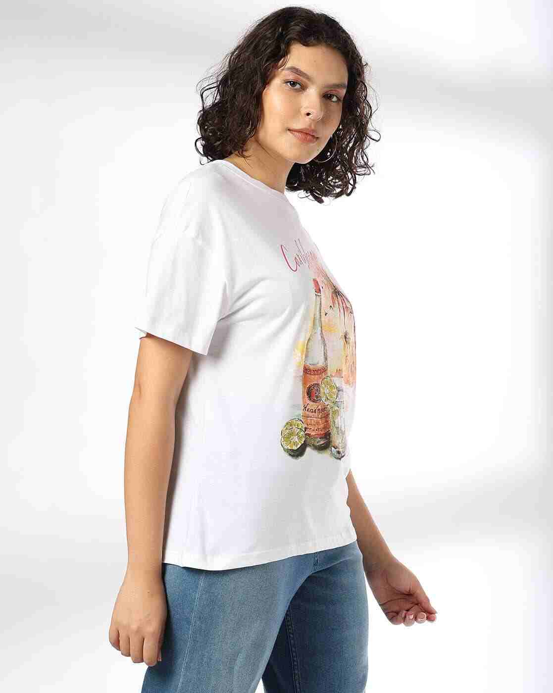 DNMX | Women Caribbean Print Oversized Crew-Neck T-Shirt|1