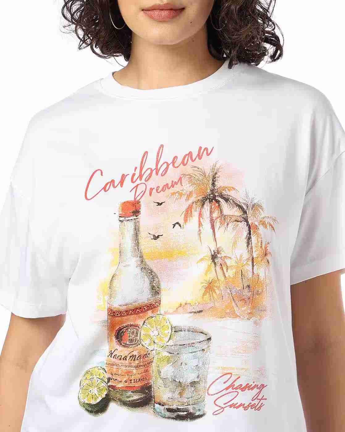 DNMX | Women Caribbean Print Oversized Crew-Neck T-Shirt|3