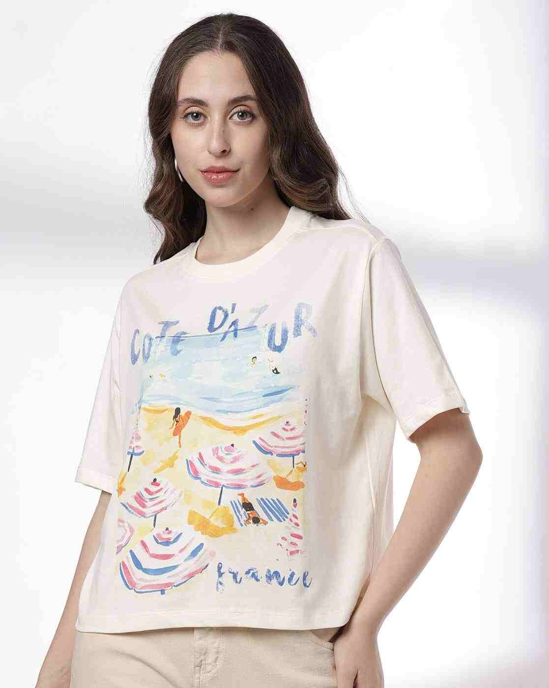 DNMX | Women Graphic Print Boxy Fit Cotton Round-Neck T-Shirt|0