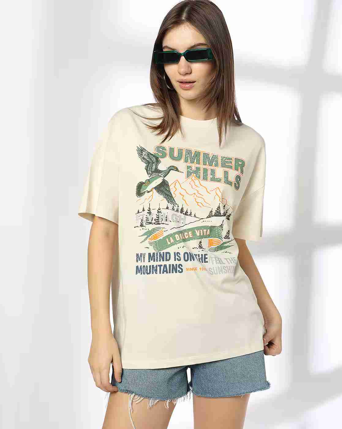 DNMX | Women Graphic Print Oversized Round-Neck T-Shirt|0