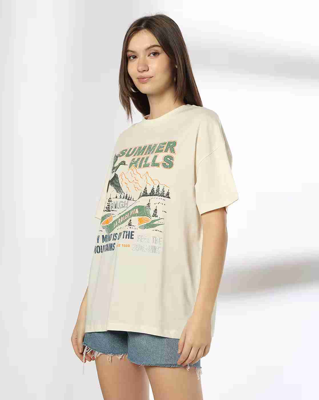 DNMX | Women Graphic Print Oversized Round-Neck T-Shirt|1