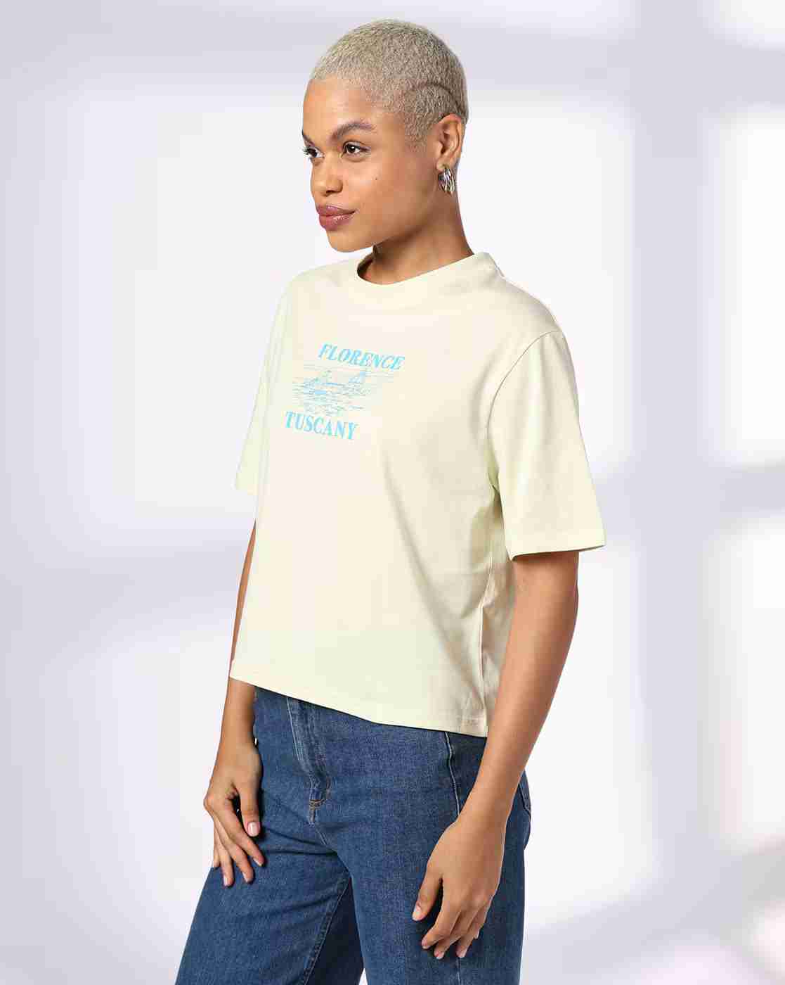 DNMX | Women Graphic Print Boxy Fit Cotton Crew-Neck T-Shirt|1