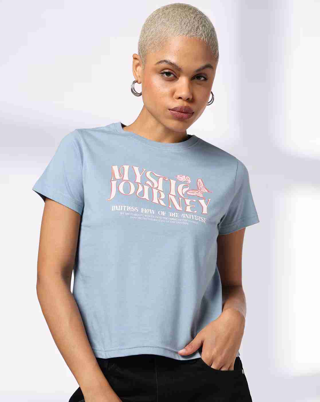DNMX | Women Typographic Print Regular Fit Round-Neck T-Shirt|0