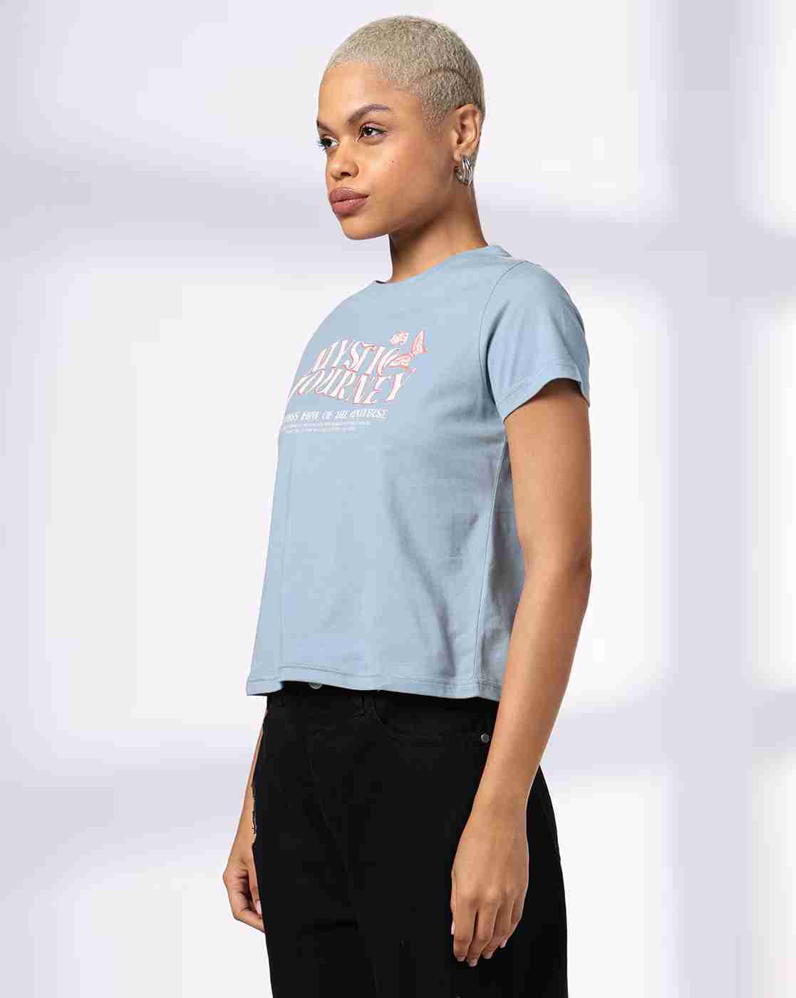 DNMX | Women Typographic Print Regular Fit Round-Neck T-Shirt|1