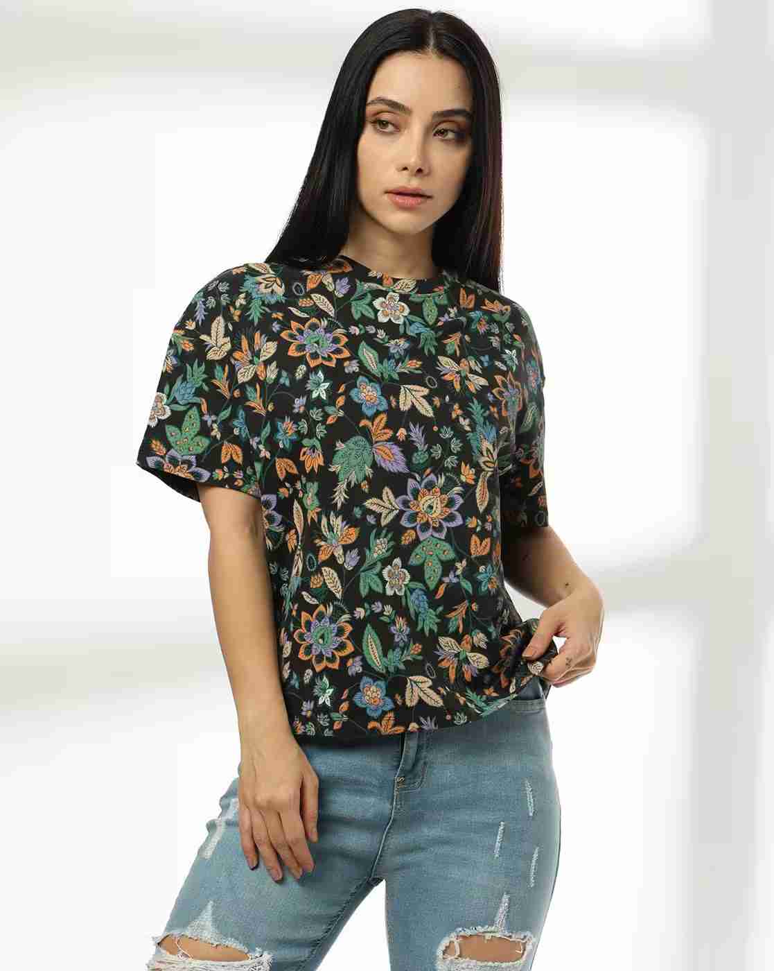 DNMX | Women All-Over Print Boxy Fit Cotton Round-Neck T-Shirt|0