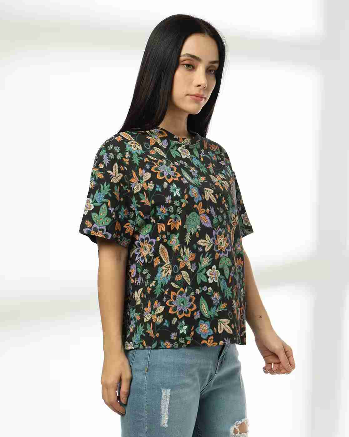 DNMX | Women All-Over Print Boxy Fit Cotton Round-Neck T-Shirt|1