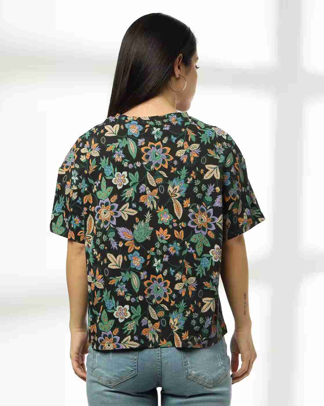 DNMX | Women All-Over Print Boxy Fit Cotton Round-Neck T-Shirt|2