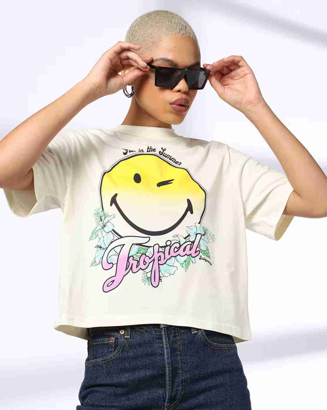 DNMX | Women Smile Graphic Print Regular Fit Crew-Neck T-Shirt|0