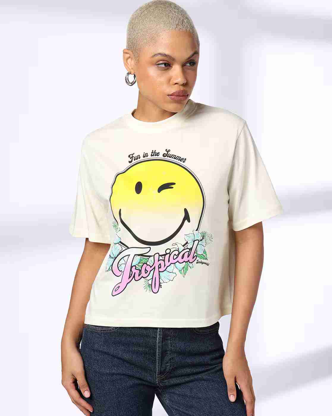 DNMX | Women Smile Graphic Print Regular Fit Crew-Neck T-Shirt|1