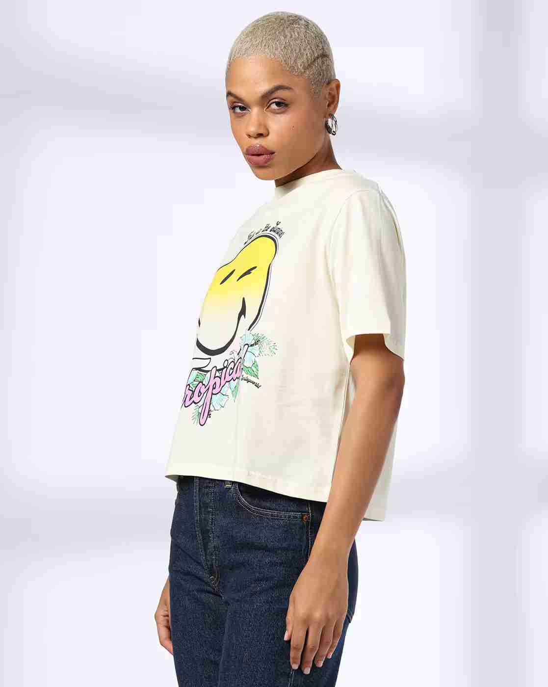 DNMX | Women Smile Graphic Print Regular Fit Crew-Neck T-Shirt|2