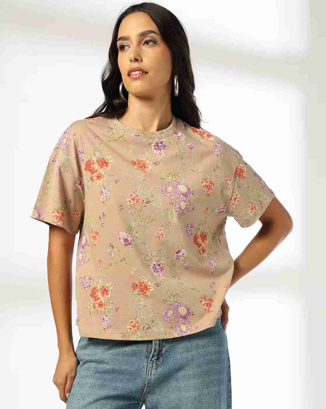 DNMX | Women Floral Print Regular Fit Crew-Neck T-Shirt|0