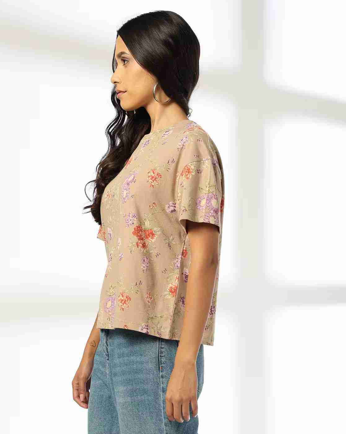 DNMX | Women Floral Print Regular Fit Crew-Neck T-Shirt|1