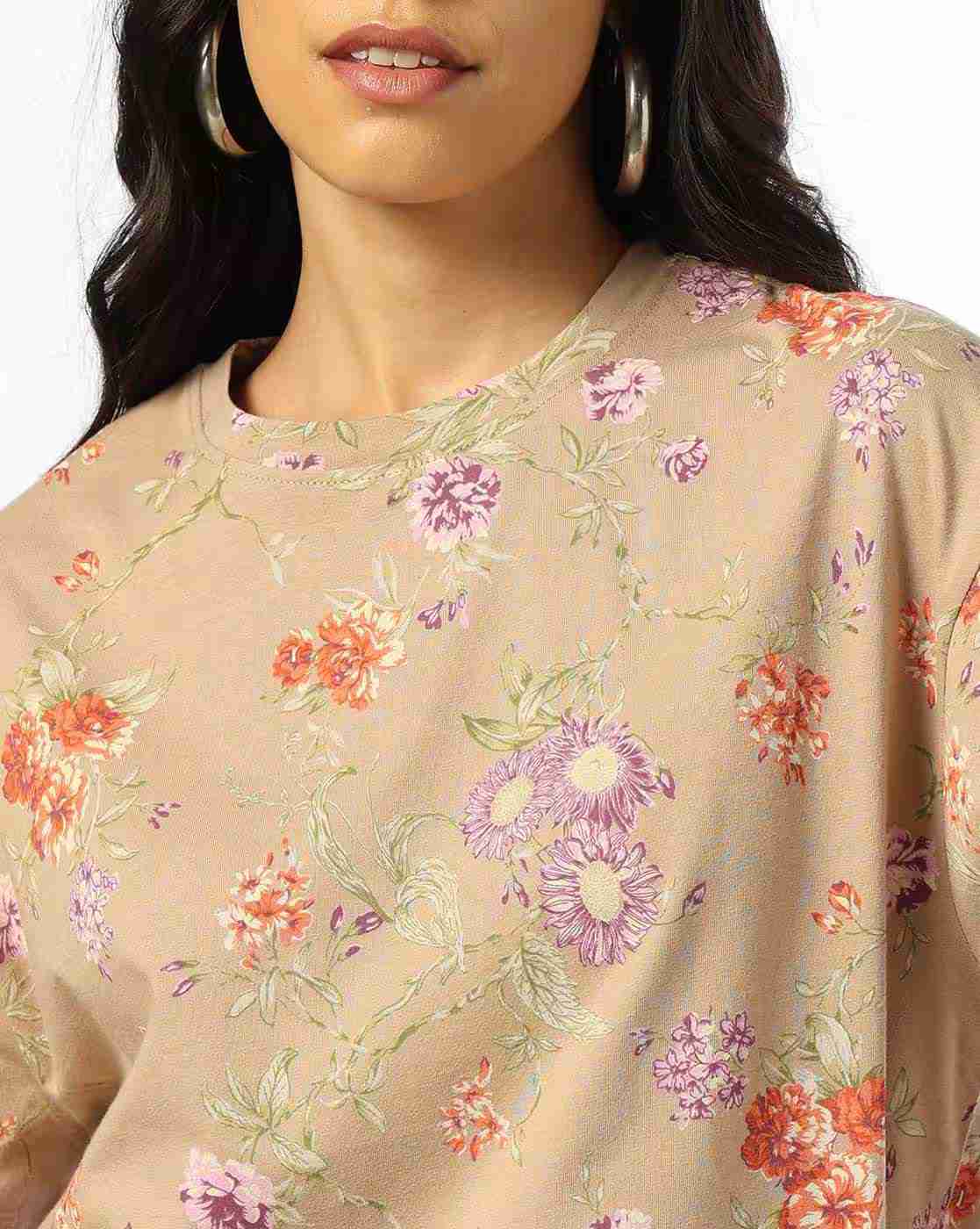 DNMX | Women Floral Print Regular Fit Crew-Neck T-Shirt|3