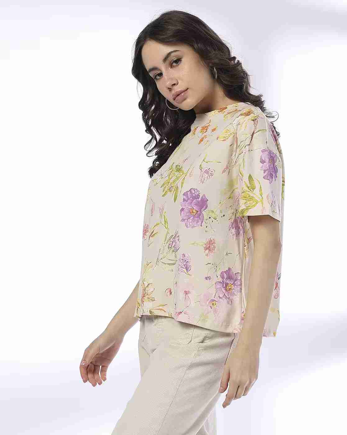 DNMX | Women All-Over Print Regular Fit Cotton Crew-Neck T-Shirt|1