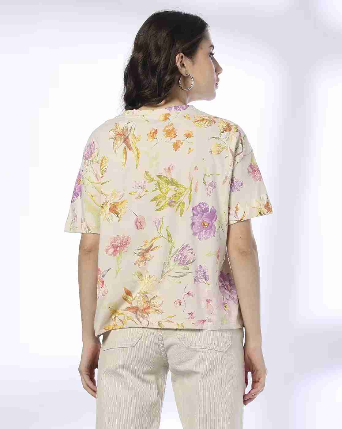 DNMX | Women All-Over Print Regular Fit Cotton Crew-Neck T-Shirt|2