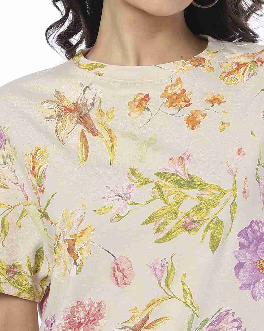 DNMX | Women All-Over Print Regular Fit Cotton Crew-Neck T-Shirt|3