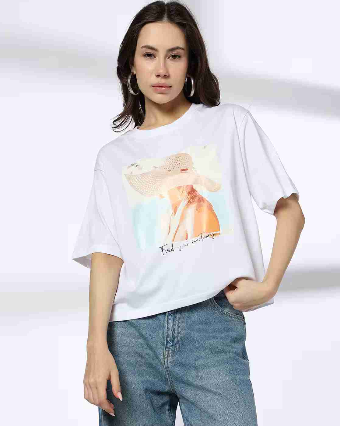 DNMX | Women Find Your Sanctuary Print Regular Fit Round-Neck T-Shirt|0