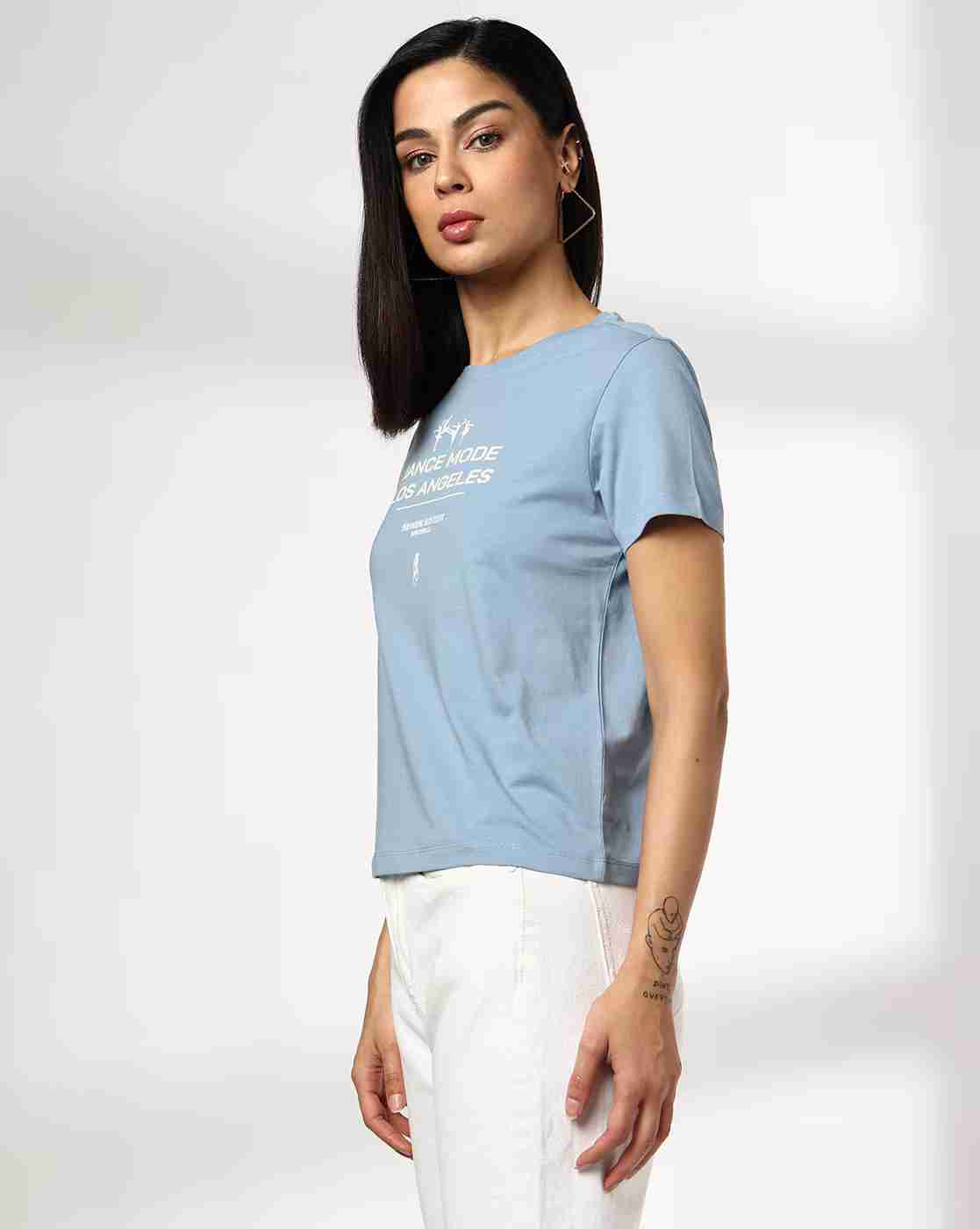 DNMX | Women Typographic Print Regular Fit Round-Neck T-Shirt|1