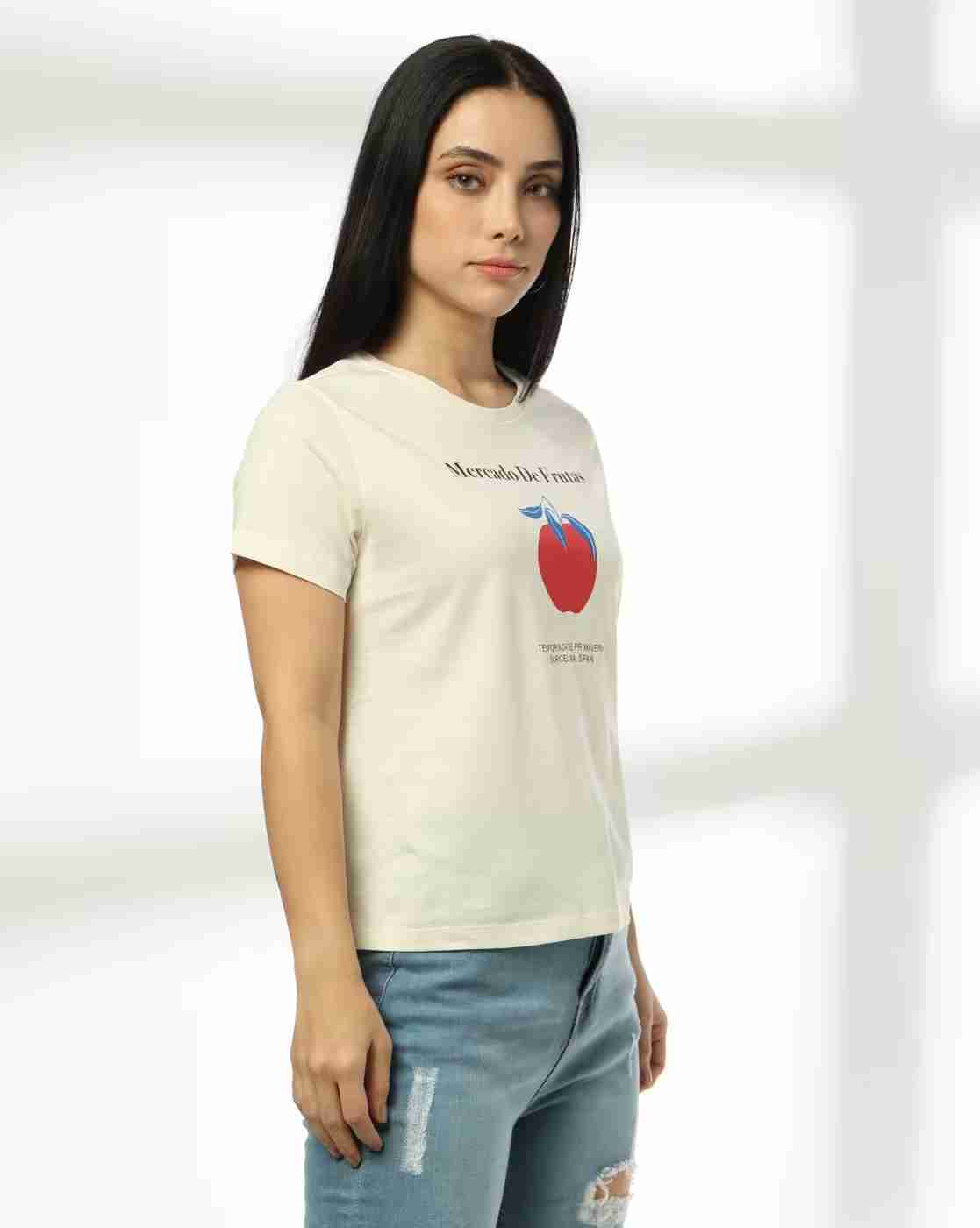 DNMX | Women Mercado De Frutas Printed Regular Fit Crew-Neck T-Shirt|1
