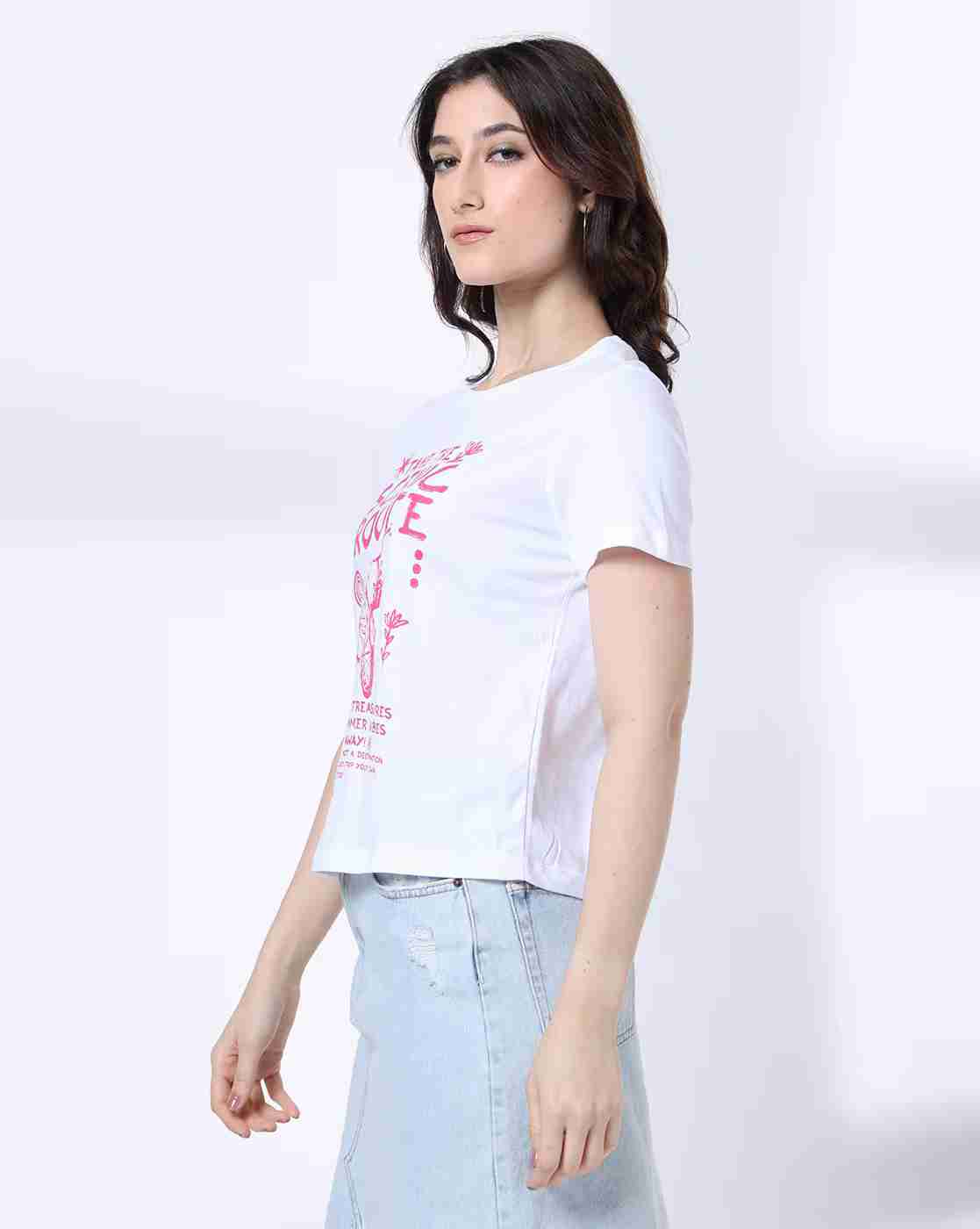 DNMX | Women Typographic Print Regular Fit Round-Neck T-Shirt|1