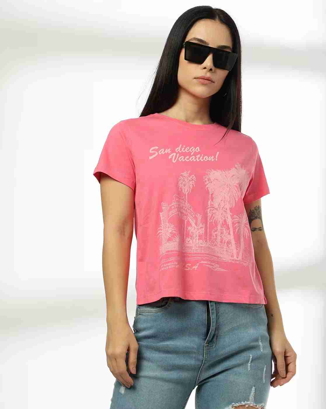 DNMX | Women San Diego Vacation Printed Regular Fit Crew-Neck T-Shirt|0