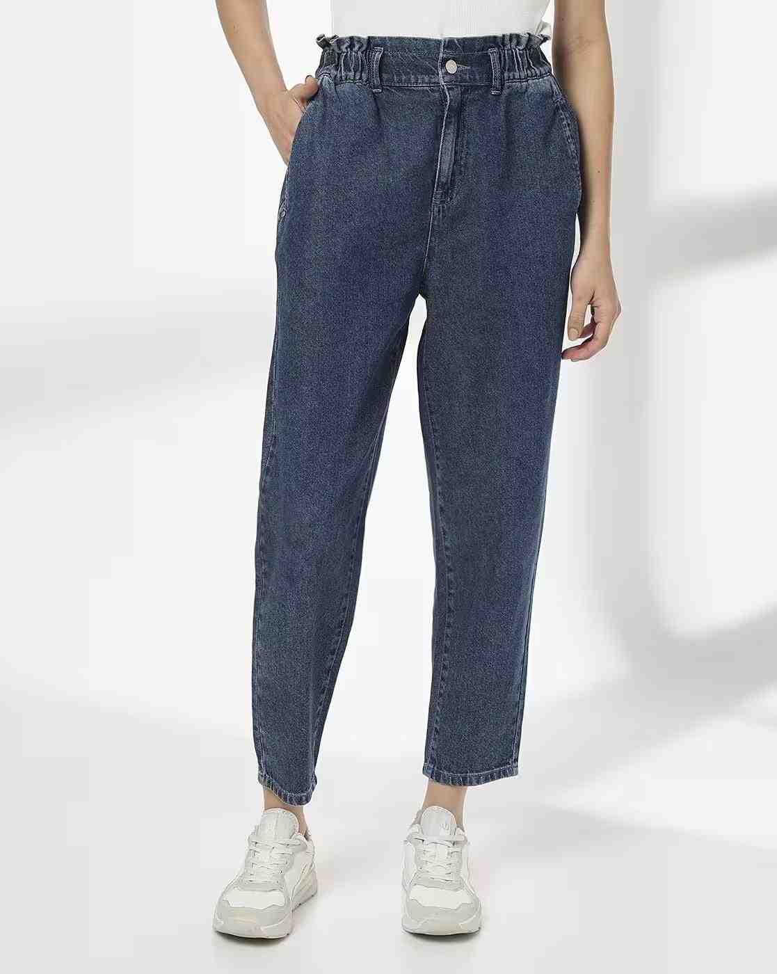 DNMX | Women High-Rise Ankle-Length Paperbag Mom Jeans|0