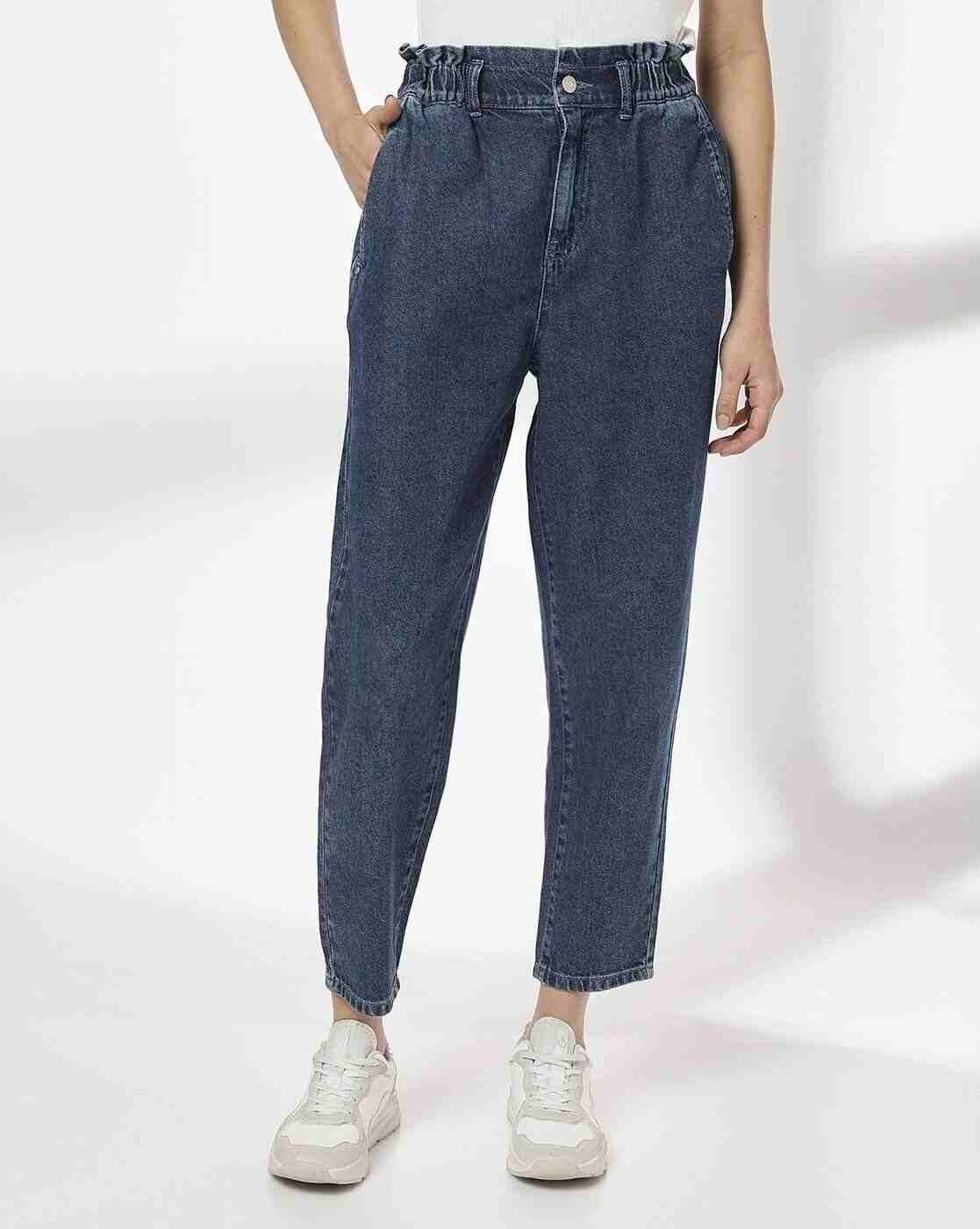 DNMX | Women High-Rise Ankle-Length Paperbag Mom Jeans|0