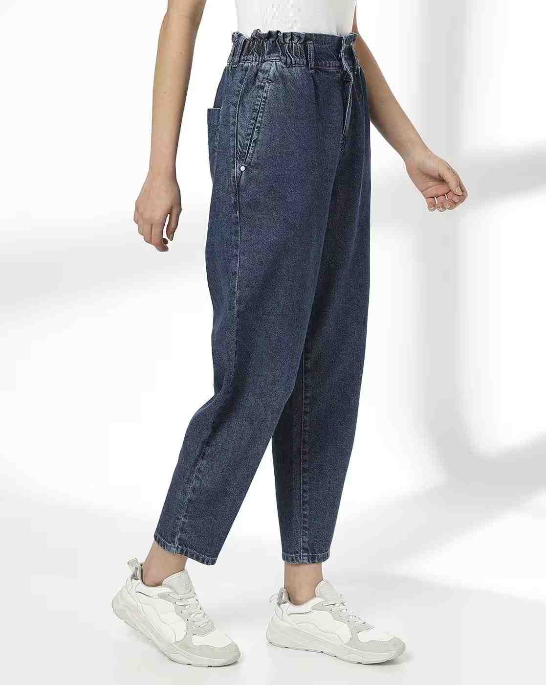 DNMX | Women High-Rise Ankle-Length Paperbag Mom Jeans|1