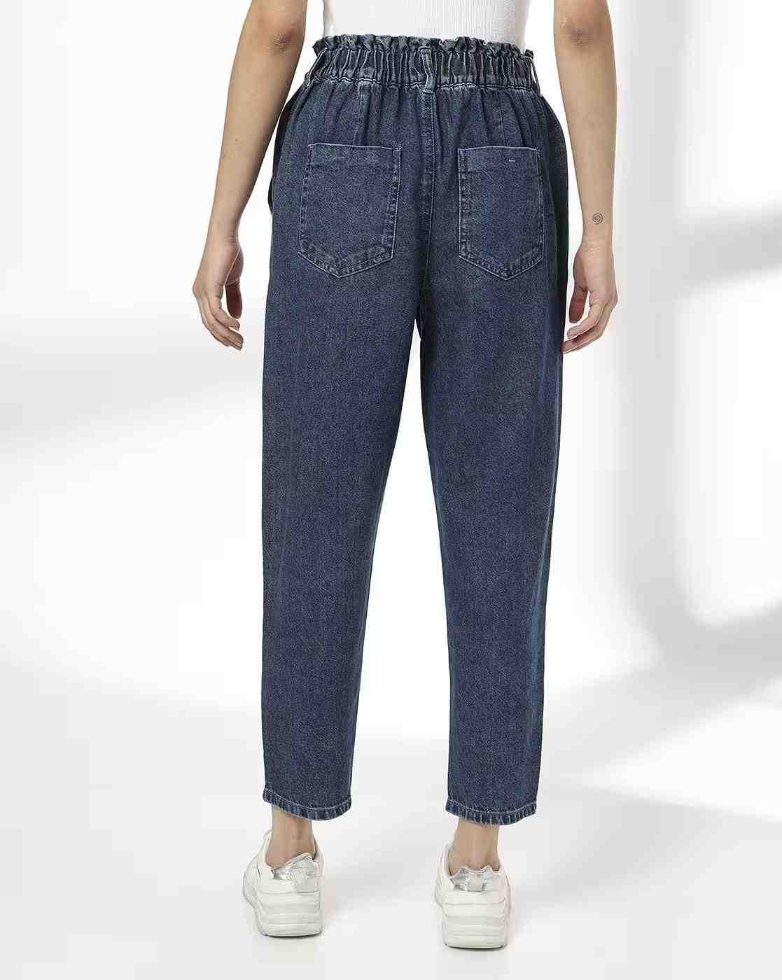 DNMX | Women High-Rise Ankle-Length Paperbag Mom Jeans|2