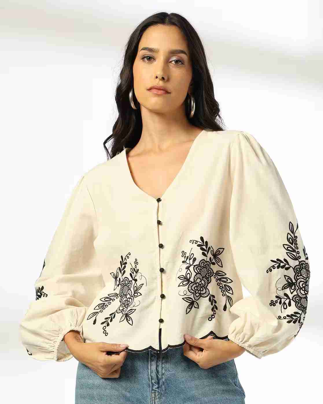 DNMX | Women Floral Embroidered Relaxed Fit Top|0