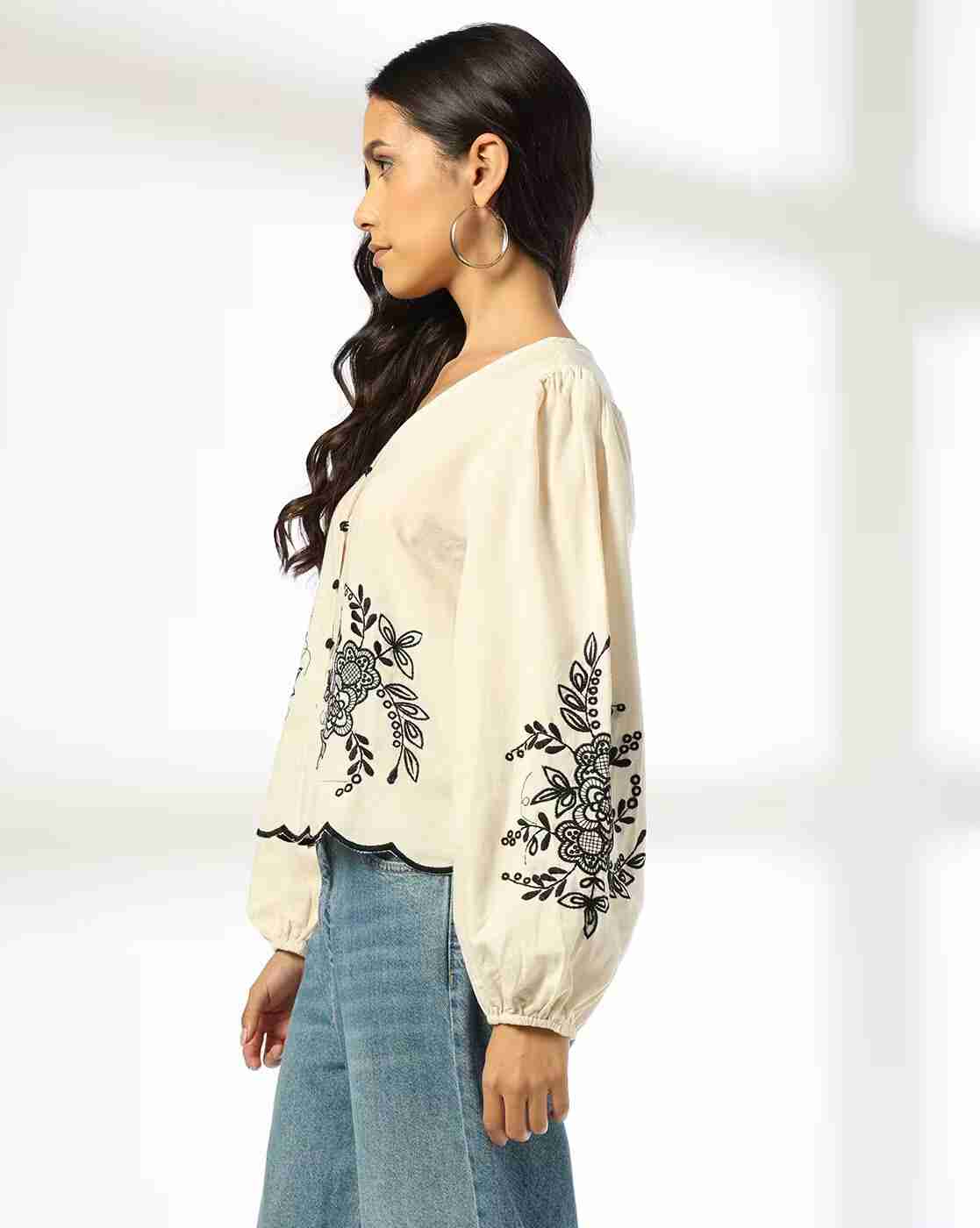 DNMX | Women Floral Embroidered Relaxed Fit Top|1