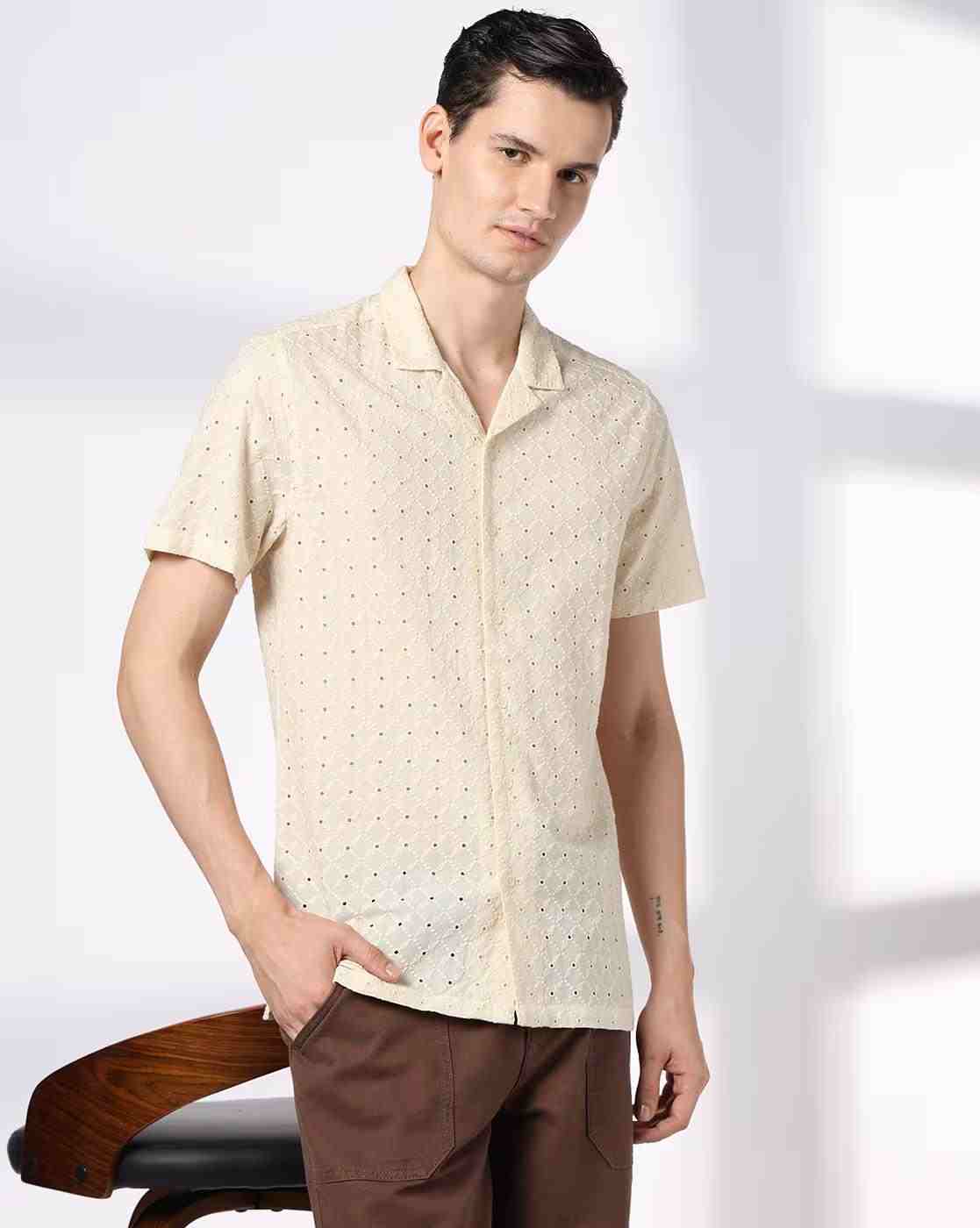 DNMX | Men Schiffli Embroidered Regular Fit Shirt|0
