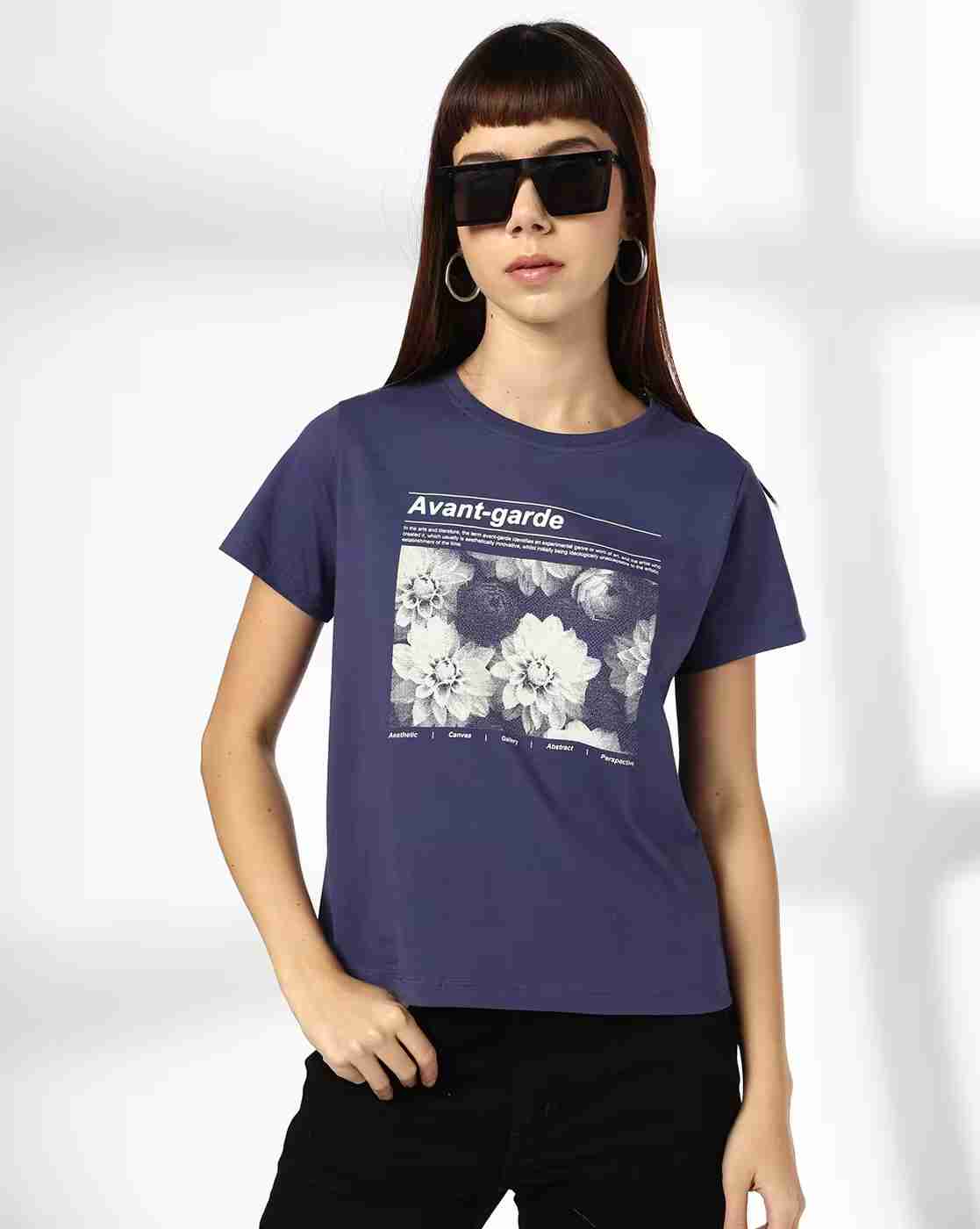 DNMX | Women Floral Print Regular Fit Round-Neck T-Shirt|0