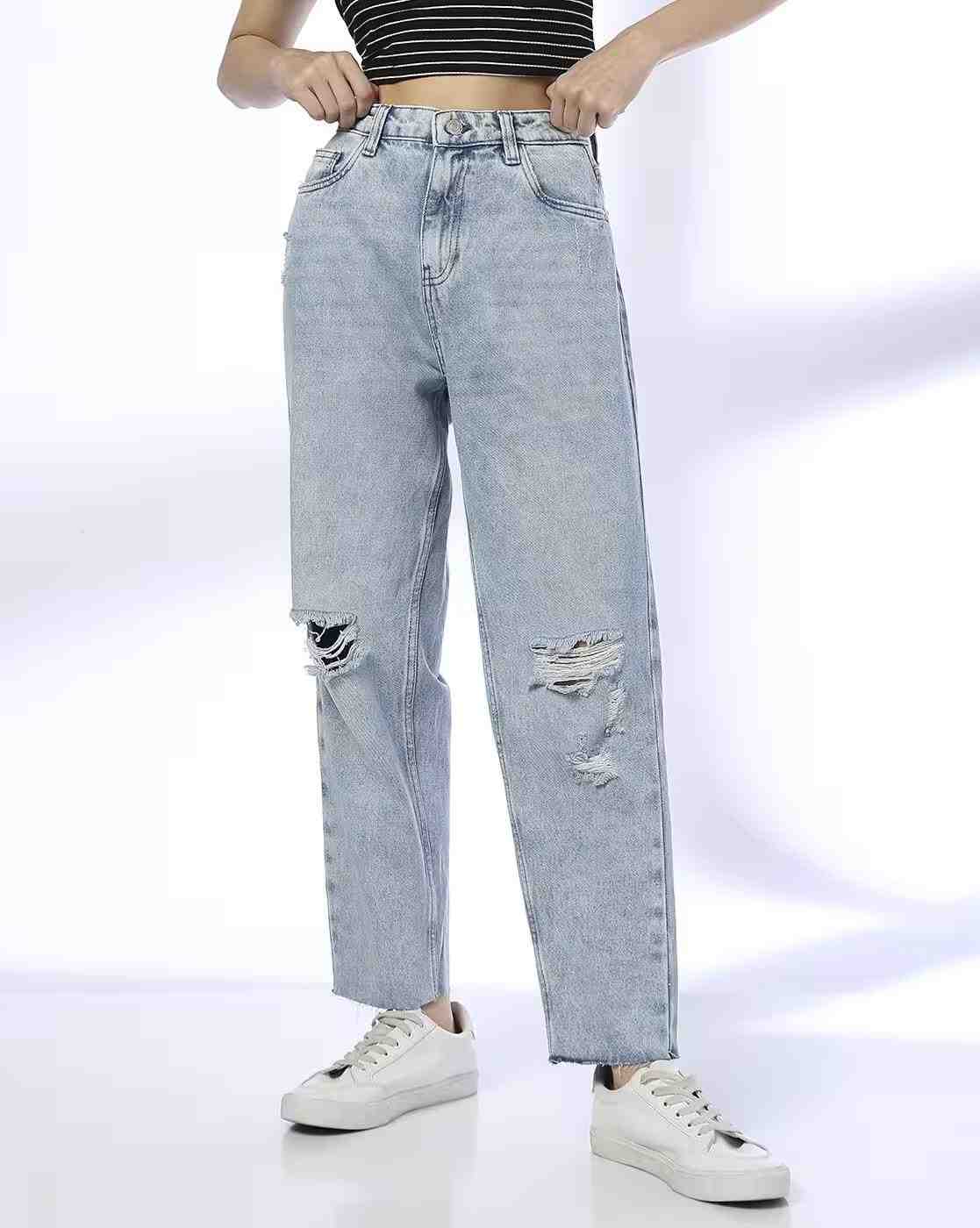 DNMX | Women Heavily Washed Distressed Relaxed Jeans|0