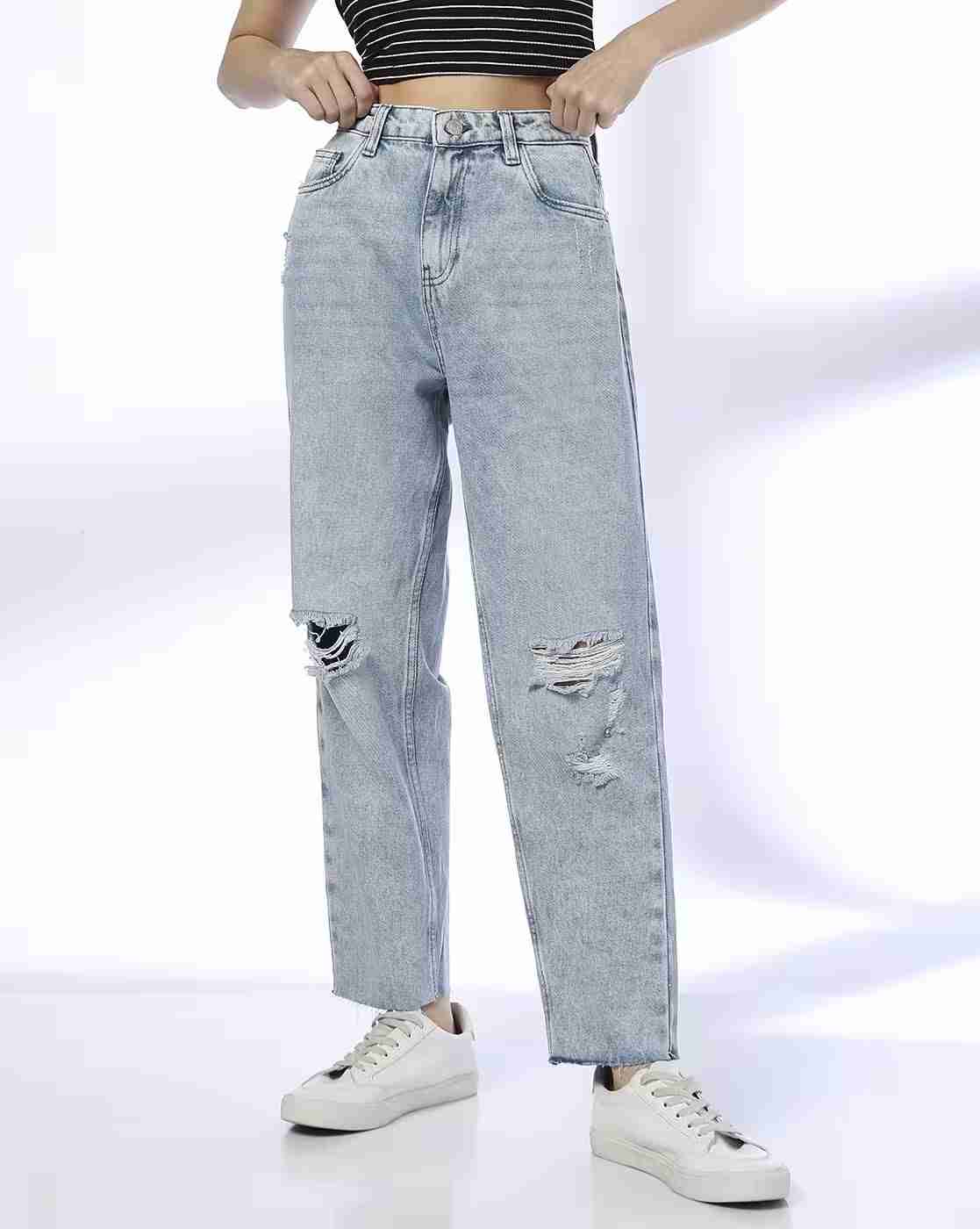 DNMX | Women Heavily Washed Distressed Relaxed Jeans|0