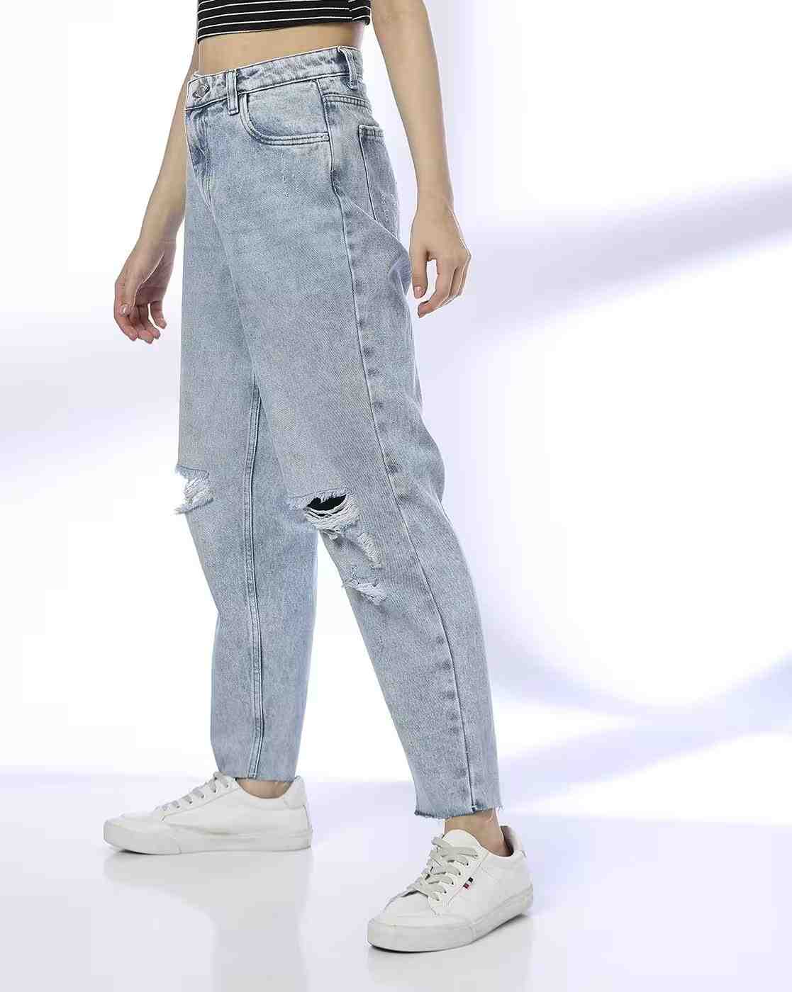 DNMX | Women Heavily Washed Distressed Relaxed Jeans|1